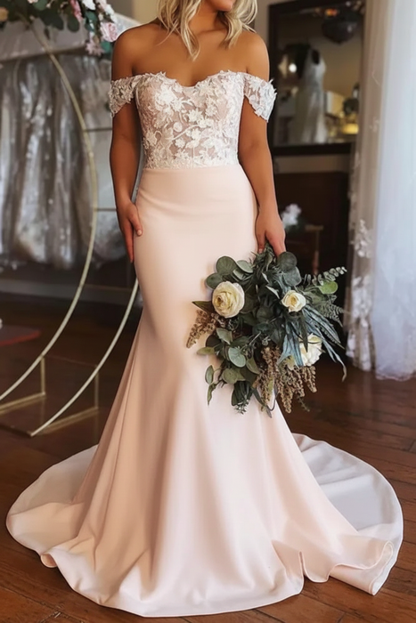 Blushing Pink Elegant Off Shoulder Mermaid Lace Long Wedding Dresses