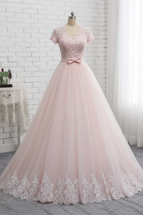 Blushing Pink Elegant Short Sleeves Lace Beaded Tulle Wedding Dresses - wedding dresses
