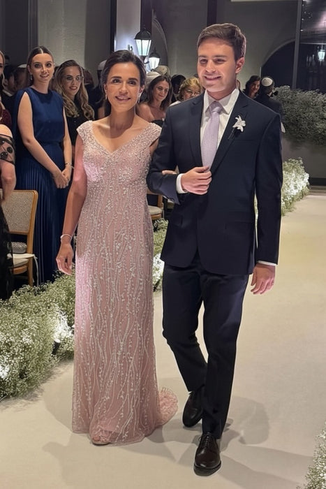 Blushing Pink Off-the-Shoulder Sheath Mother of the Bride Dress with Beadings Long Wedding Guest Dress