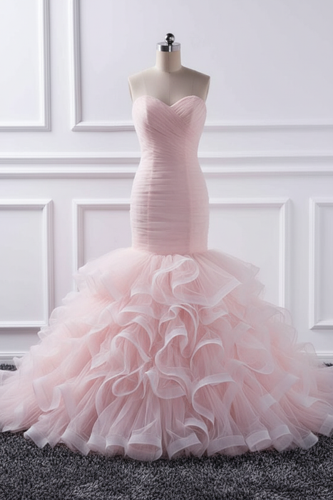 Blushing Pink Elegant sweetheart Mermaid Tulle Wedding Dresses - wedding dresses