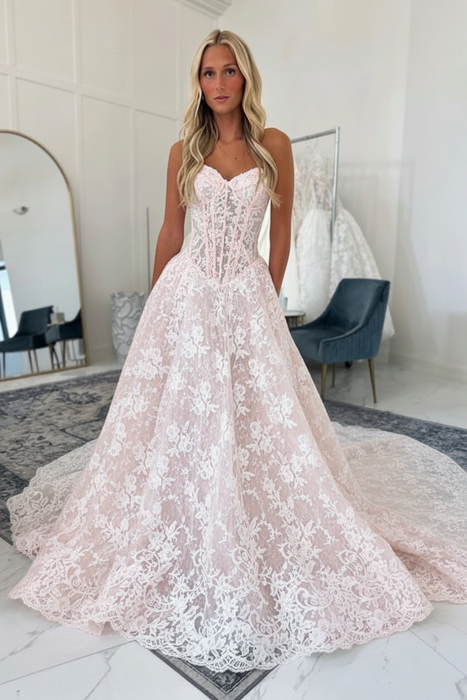Blushing Pink Elegant Sweetheart Tulle Aline Wedding Dress with Appliques