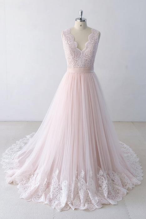 Blushing Pink Elegant V-neck Lace Tulle A-line Wedding Dress