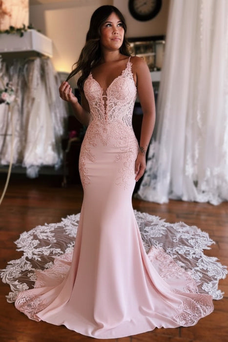 Blushing pink Mermaid Wedding Dress with Lace Appliques & Cathedral Train