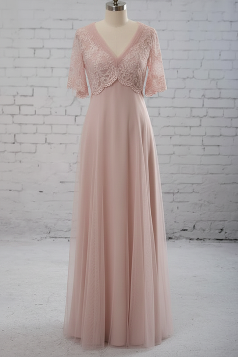 Blushing Pink Empire Waist V-neck Tulle A-line Wedding Dress