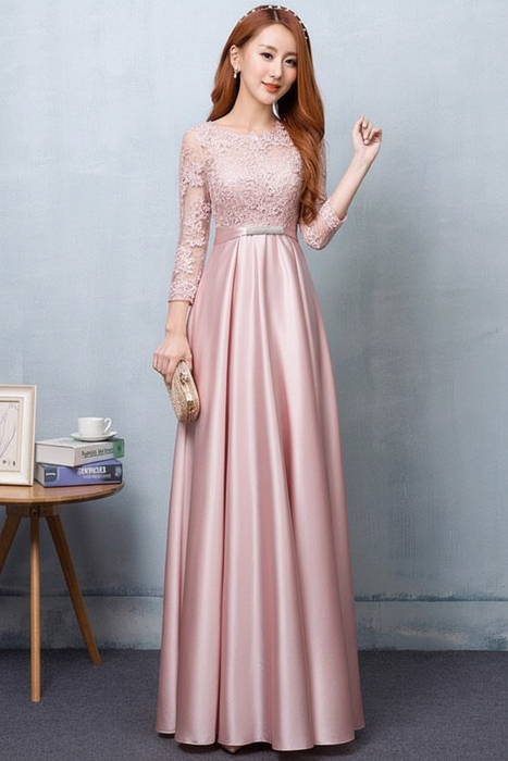 Blushing Pink Evening Dress Satin Prom Dress Lace Applique Wedding Guest Dresses Sash A Line Maxi Mother's Dress wedding guest dress