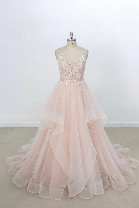 Blushing Pink Eye-catching Appliques Tulle A-line Wedding Dress - Wedding Dresses