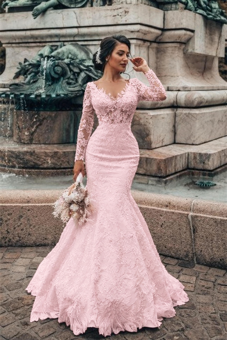 Blushing Pink Floral Lace Mermaid Bridal Dresses Long Sleeves V-Neck Spring Wedding Dress - Wedding Dresses