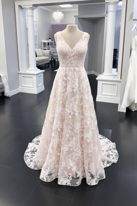 Blushing Pink A Line V Neck White Floral Lace Long Wedding Dress