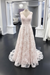 Blushing Pink A Line V Neck White Floral Lace Long Wedding Dress