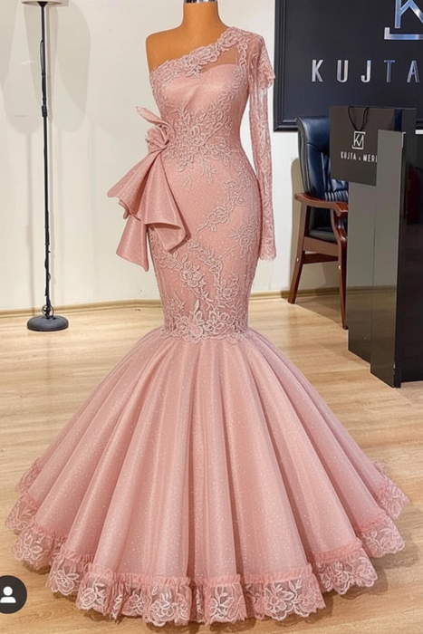 Blushing Pink Glitter Mermaid Prom Dress Long Sleeves Floral Lace Party Dress - Prom Dresses