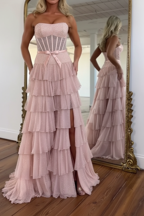 Blushing Pink Glitter Strapless Tiered Ruffle Corset Prom Dress Long with Slit