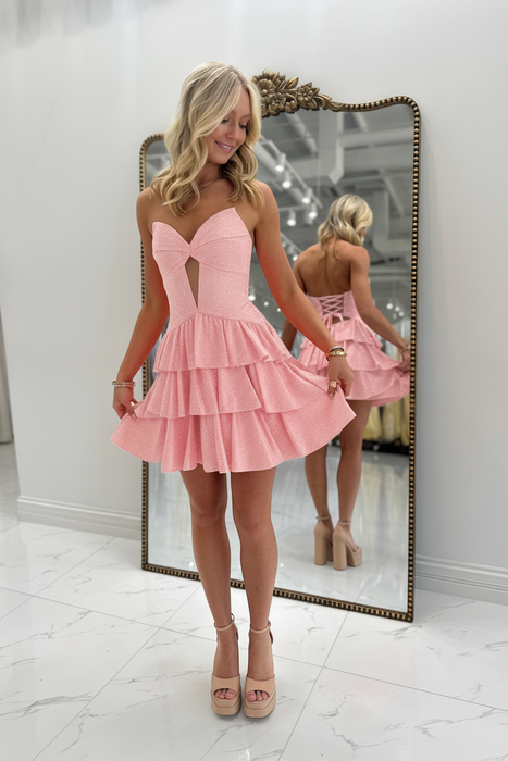 Blushing Pink Glitter Tiered Ruffle Short Homecoming Dress Strapless Sweetheart Mini Prom Dress