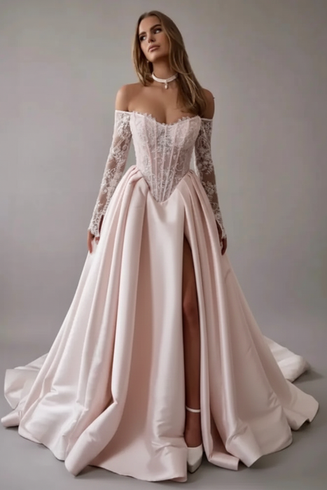 Blushing Pink Gorgeous Off-the-Shoulder Satin Aline Wedding Dresses Front Split Long Sleeves Bridal Gown - Wedding Dresses