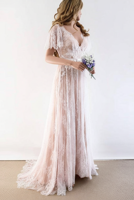 Blushing Pink Gorgeous V-Neck Cap Sleeves Lace Wedding Dresses - wedding dresses