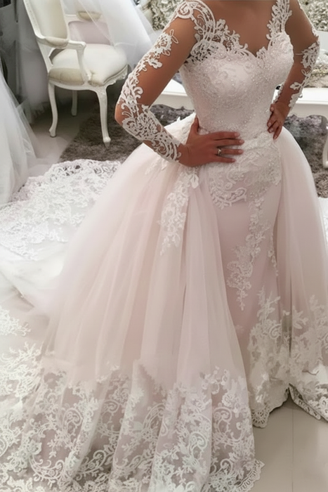 Blushing Pink Gorgeous V-Neck Long Sleeves Appliques Watteau Train Wedding Dress
