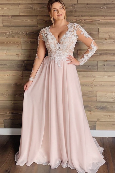 Blushing Pink Gorgeous V-Neck Long Sleeves Lace Ruffles Wedding Dresses - wedding dresses