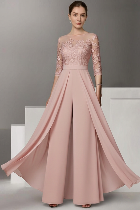 Blushing Pink Half Sleeves Chiffon Mother of Bride Jumpsuit with Appliques - Prom Dresses