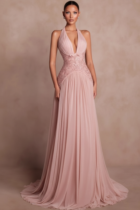 Blushing Pink Halter Aline Evening Dress Glitter Chiffon Prom Dress with Sequins
