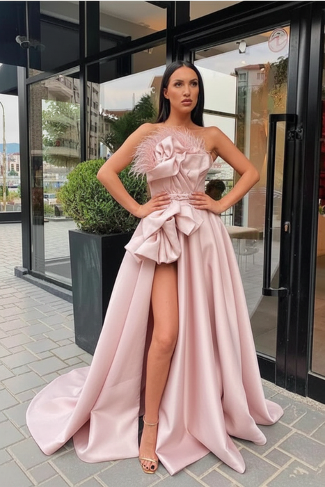 Blushing Pink Raven Feather Split Long Prom Gown