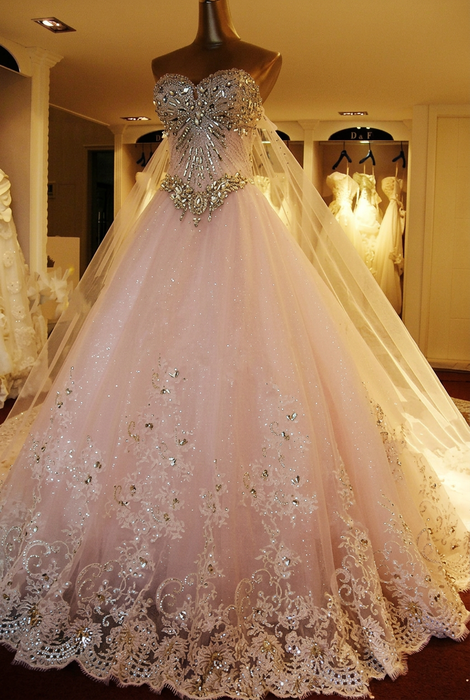 Blushing Pink Lace Applique Strapless Sweetheart Wedding Dress with Cathedral Train