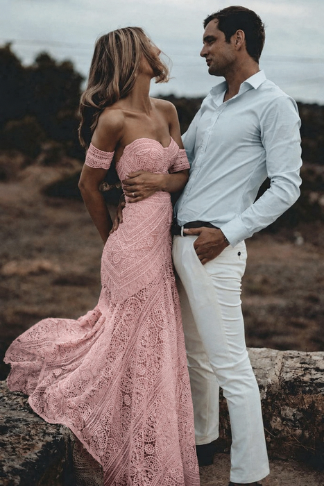 Blushing Pink Lace Beach Wedding Dresses Sweetheart Boho Wedding Dresses