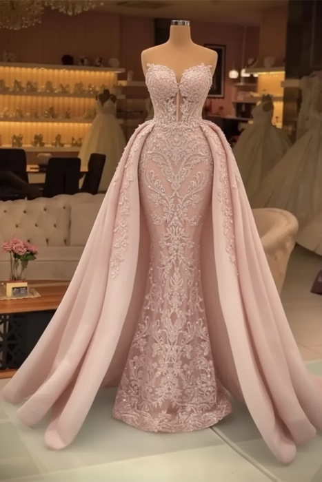 Blushing Pink Chic evening dresses long lace Prom dresses - Prom Dresses