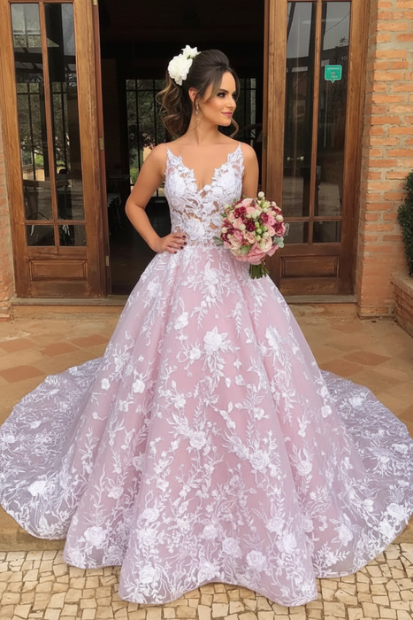Blushing Pink V Neck Lace Aline Wedding Dress