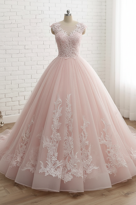 Blushing Pink Lace-Up Tulle Ball Gown Wedding Dresses - wedding dresses