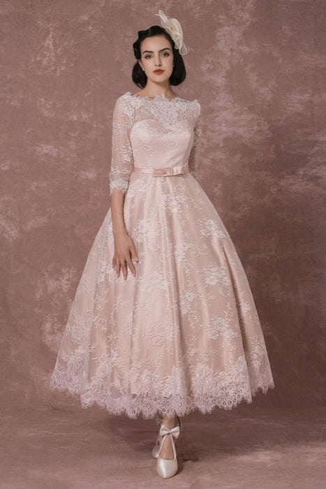 Vintage Champagne Lace Wedding Dress - Bateau Neck Half Sleeve Tea Length Bridal Gown