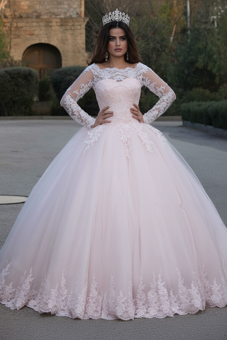 Blushing Pink Long Sleeves Lace Appliques Wedding Dresses - wedding dresses