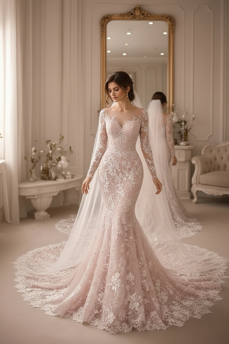 Blushing Pink Long Sleeves Lace Mermaid Wedding Dress with Appliques