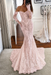 Blushing Pink Long Sleeves Mermaid Wedding Dress Lace with Off Shoulder