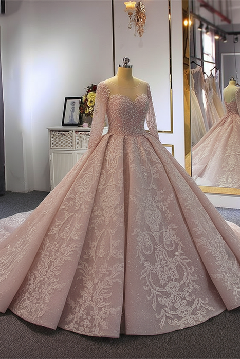Blushing Pink Luxury O-Neck Long Sleeves Lace- Up Ball Gown wedding Dresses - wedding dresses