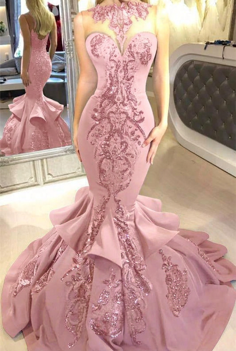 Blushing Pink Mermaid Beads Prom Dresses Appliques Evening Dresses
