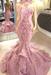Blushing Pink Mermaid Beads Prom Dresses Appliques Evening Dresses