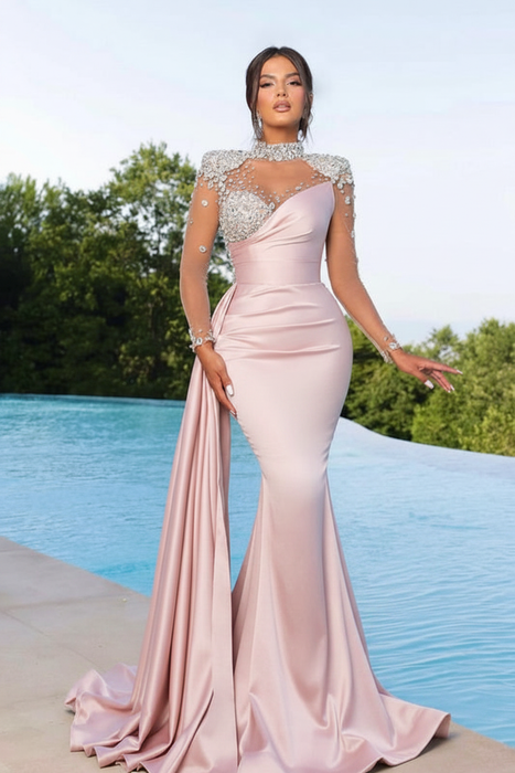 Blushing Pink Long Mermaid Prom Dress with Trail Beadings and Long Sleeves