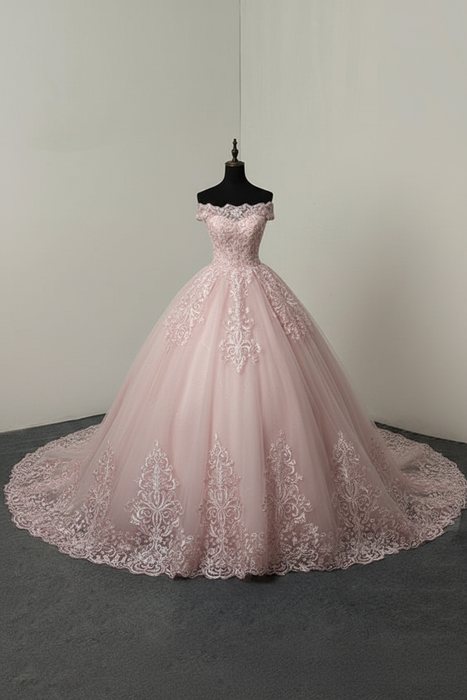 Blushing Pink wedding dresses ball gown off the shoulder short sleeve natural waist lace applique tulle bridal dress