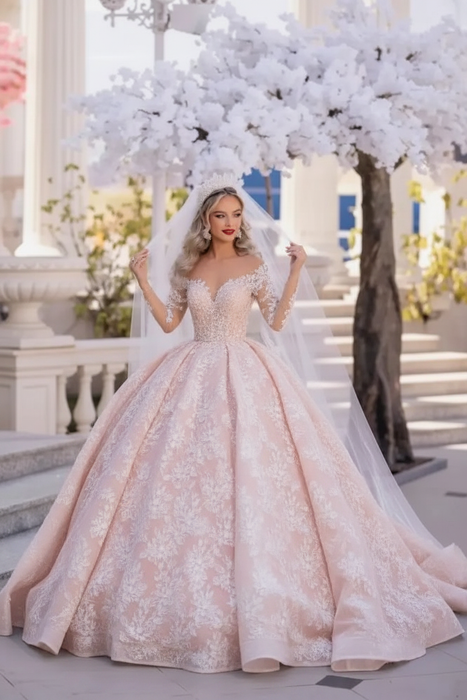 Blushing Pink Gorgeous Tulle Aline Wedding Dress Off-the-Shoulder with Long Sleeves