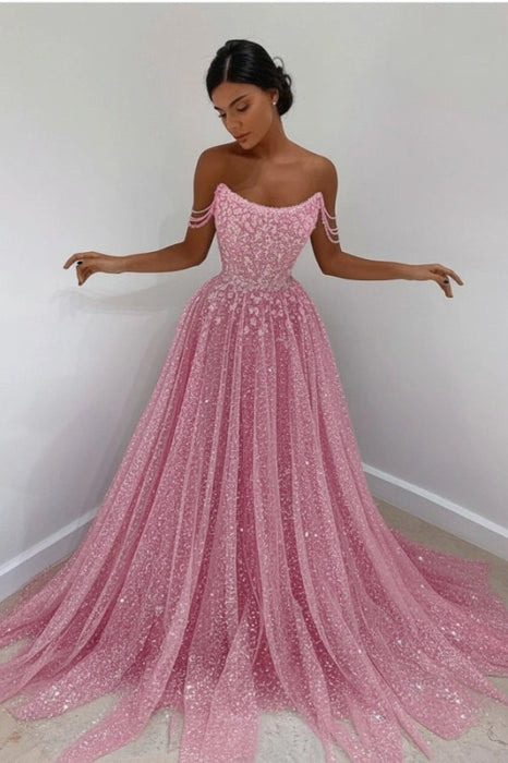 Blushing Pink Off-the-Shoulder Prom Dress Long with Sequins - Prom Dresses