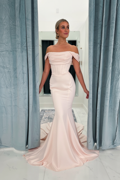 Blushing Pink Classy Off-the-Shoulder Ruched Floor-length Mermaid Wedding Dresses - Wedding Dresses