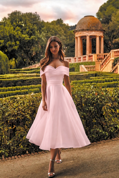 Blushing Pink Off-the-Shoulder Tea Length Aline Wedding Dress Tulle Vintage Bridal Dress