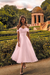 Blushing Pink Off-the-Shoulder Tea Length Aline Wedding Dress Tulle Vintage Bridal Dress
