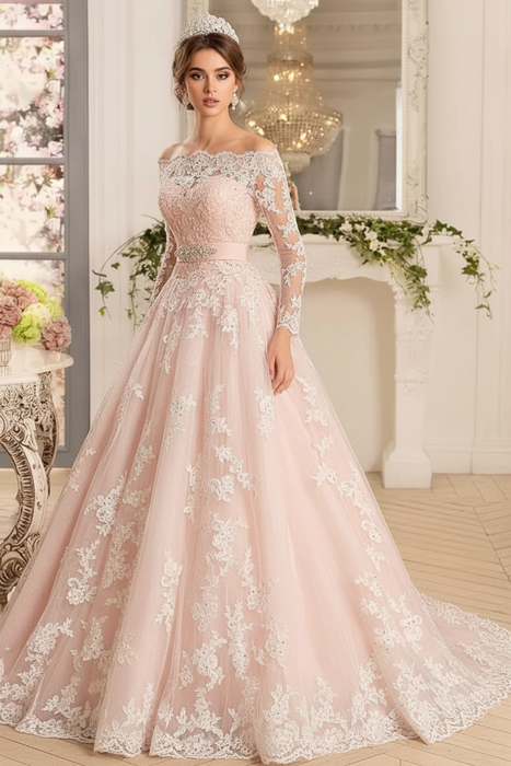 Blushing Pink Off-the-Shoulder Tulle Ruffles Wedding Dresses - wedding dresses