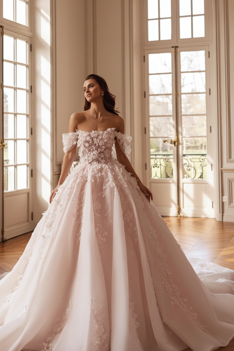 Blushing Pink Beautiful Off-the-Shoulder Aline Wedding Dress Lace Appliques Ball Gown