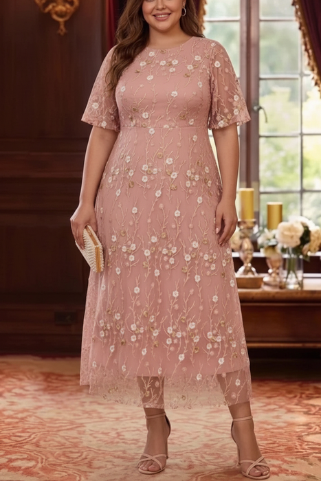 Blushing Pink Plus Size A-Line Lace Embroidery Mother of the Bride Dresses Ankle-Length Floral Wedding Guest Dress