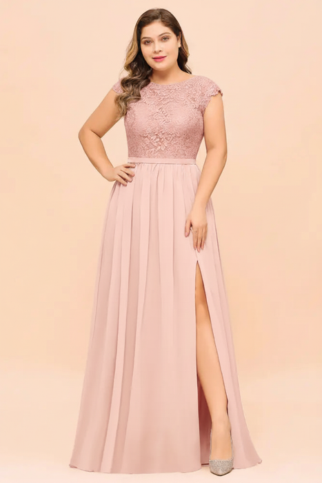 Blushing Pink Plus Size Bridesmaid Dress Lace with Split Cap Sleeves Chiffon Wedding Guest Dress
