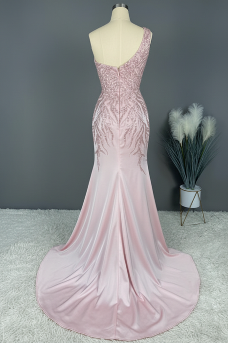 Blushing Pink Prom Dress: Long Party Mermaid Sequins Sleeveless One Shoulder