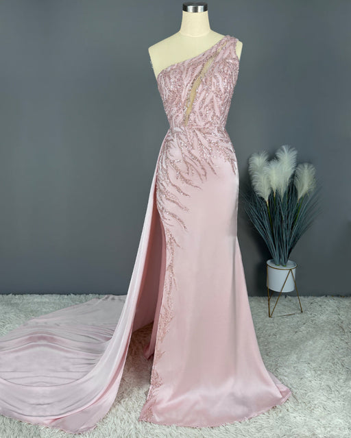 Blushing Pink Prom Dress: Long Party Mermaid Sequins Sleeveless One Shoulder