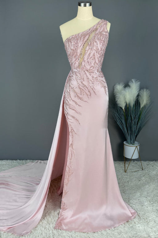 Blushing Pink Prom Dress: Long Party Mermaid Sequins Sleeveless One Shoulder