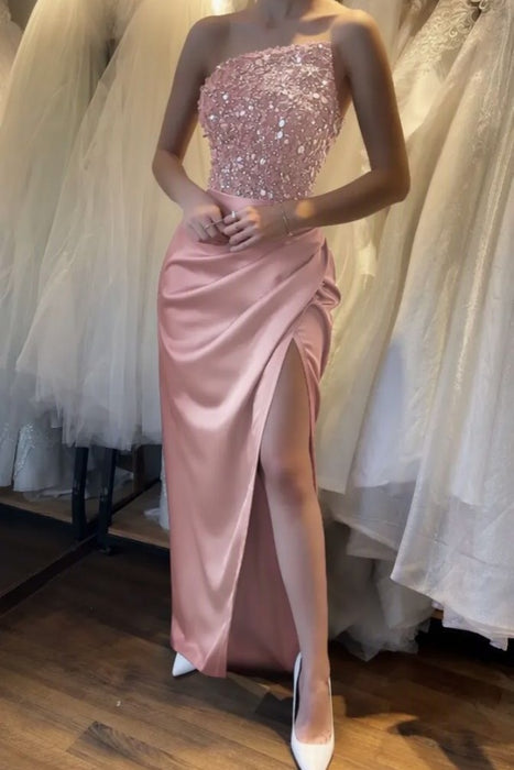 Blushing Pink Sleeveless Prom Dress with Sequins and High Slit